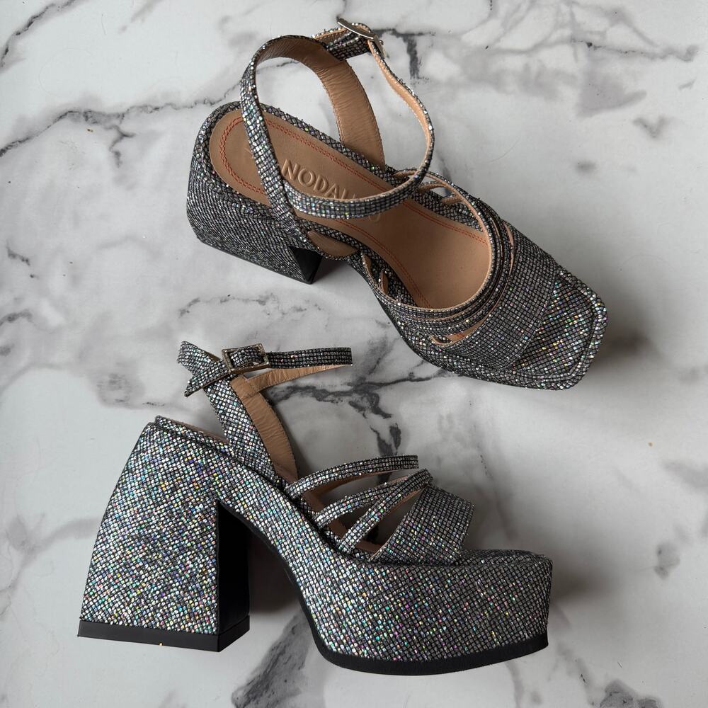 Nodaleto Disco Silver Glitter Platform Heels Size EU 38